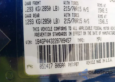 2002 Dodge Caravan Sport z USA, uszkodzony, nr VIN 1B4GP44322B709457